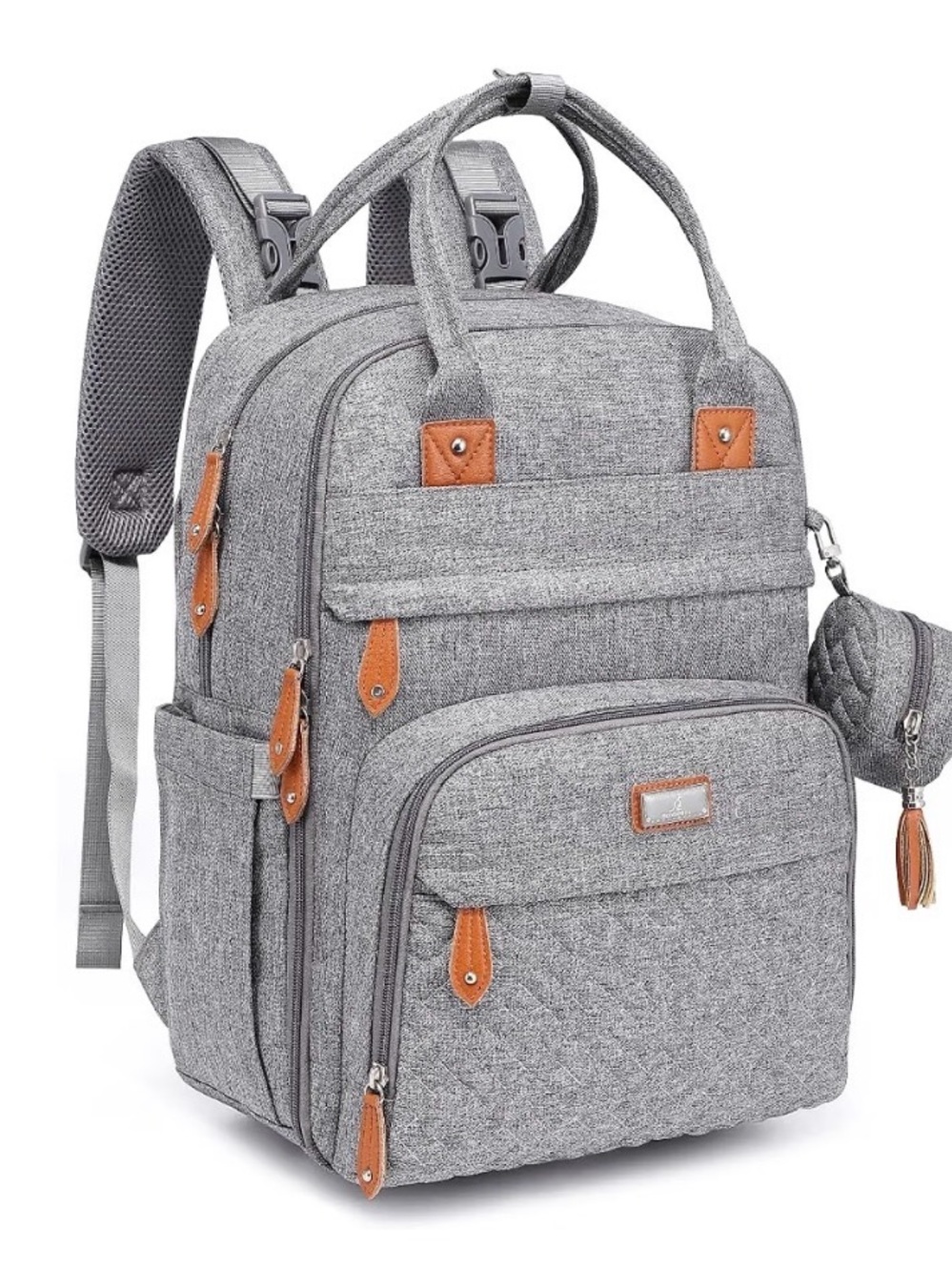 Grey Baby Diaper Backpack with Tan Accent Details
